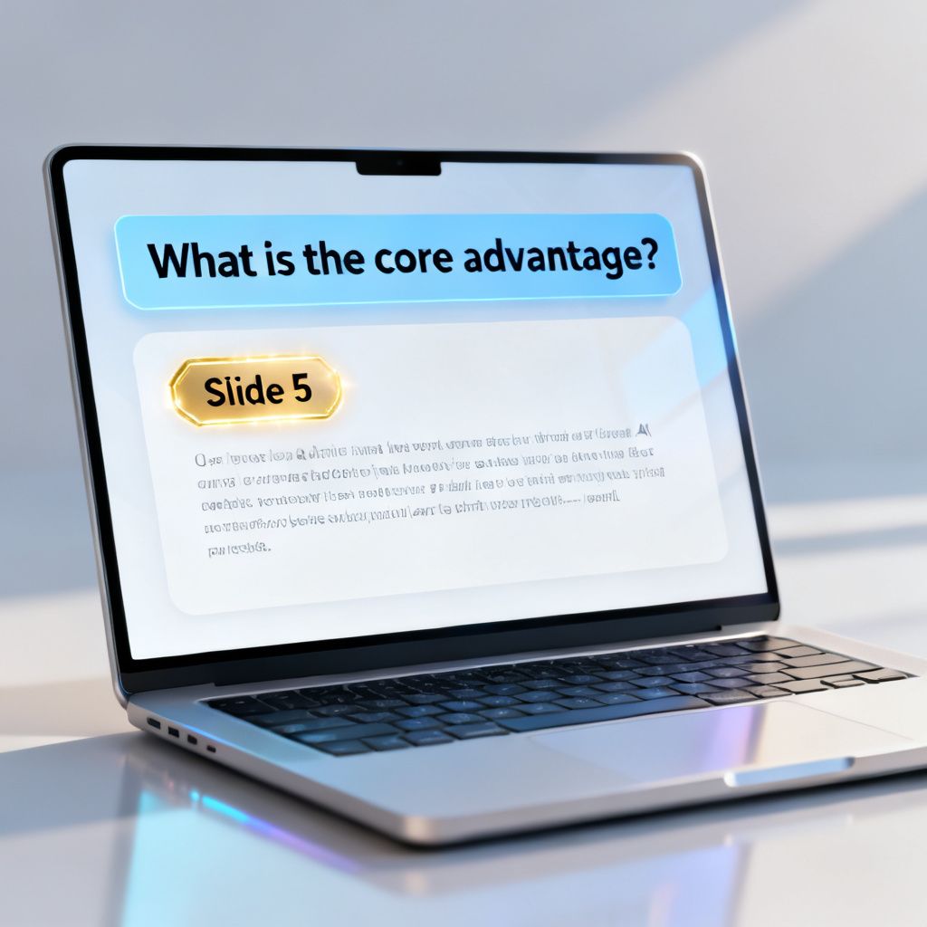 A laptop screen showing a Q&A interface where a user asks 'What is the core advantage?', and the AI response highlights the relevant slide number with a glowing border.