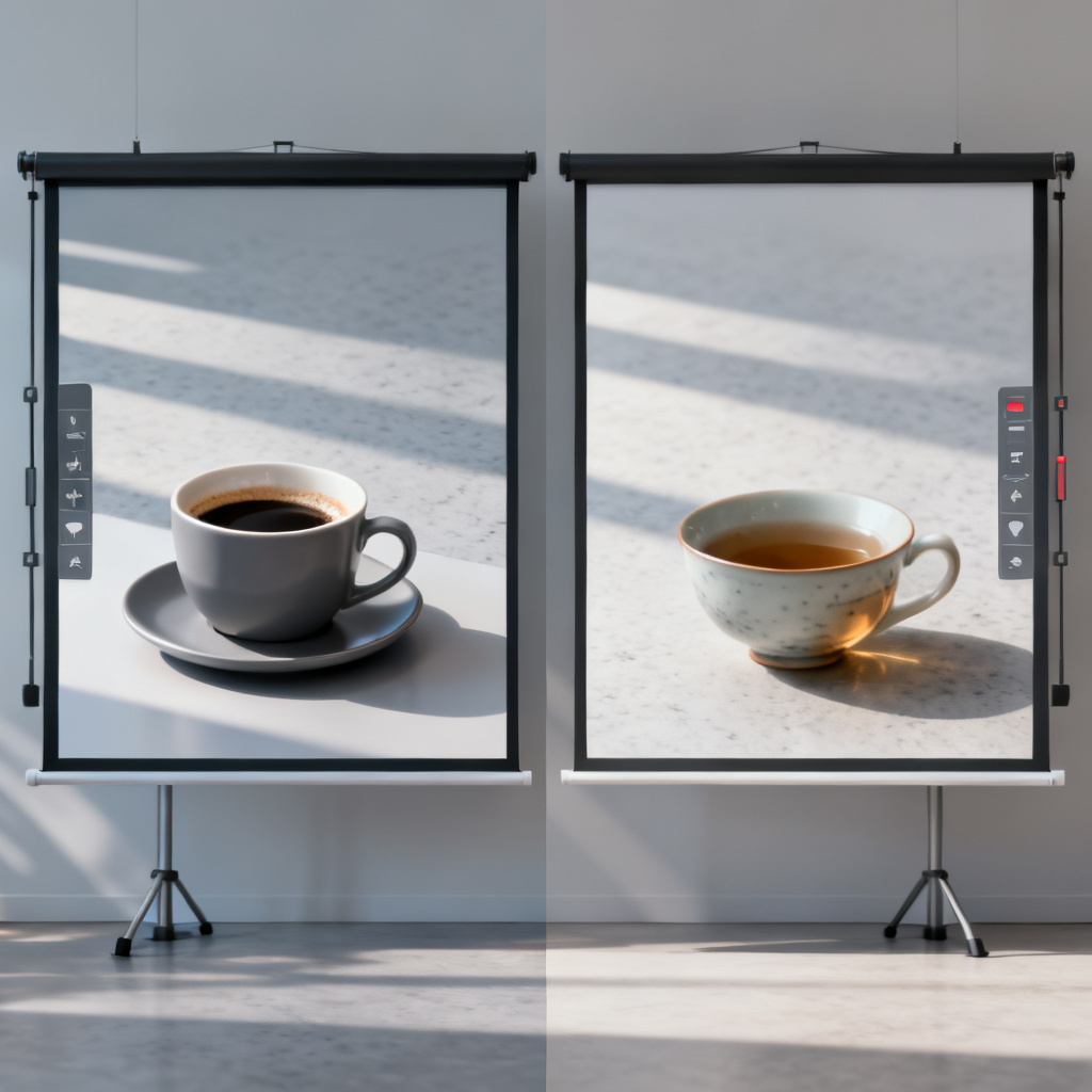 Split-screen comparison: left side shows a coffee cup on a modern presentation slide; right side shows the same slide with the coffee cup replaced by a tea cup, maintaining identical lighting, shadows, and background texture, clean UI with editing handles visible