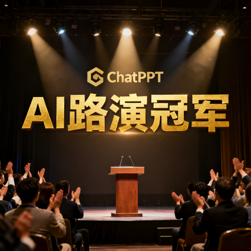一张包含ChatPPT logo和“AI路演冠军”字样的海报，背景是成功演讲场景，金色调