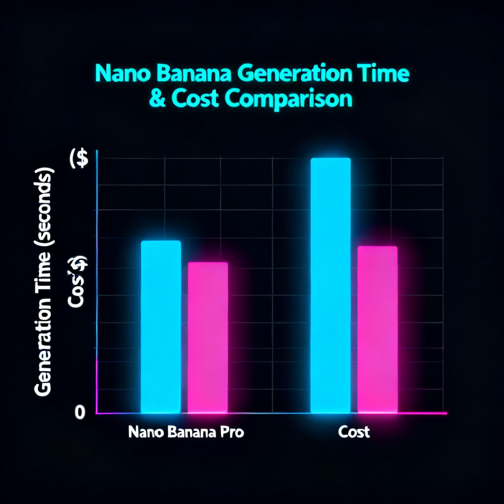 A data visualization infographic showing a bar chart comparing generation time and cost between Nano Banana Pro and Nano Banana 2, with clean minimalist design, dark background, glowing neon accents