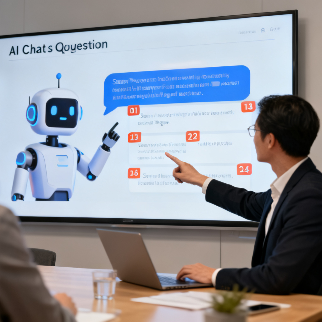 A user pointing at a screen showing an AI chatbot answering questions, with highlighted source page numbers from a presentation, clean UI, professional setting