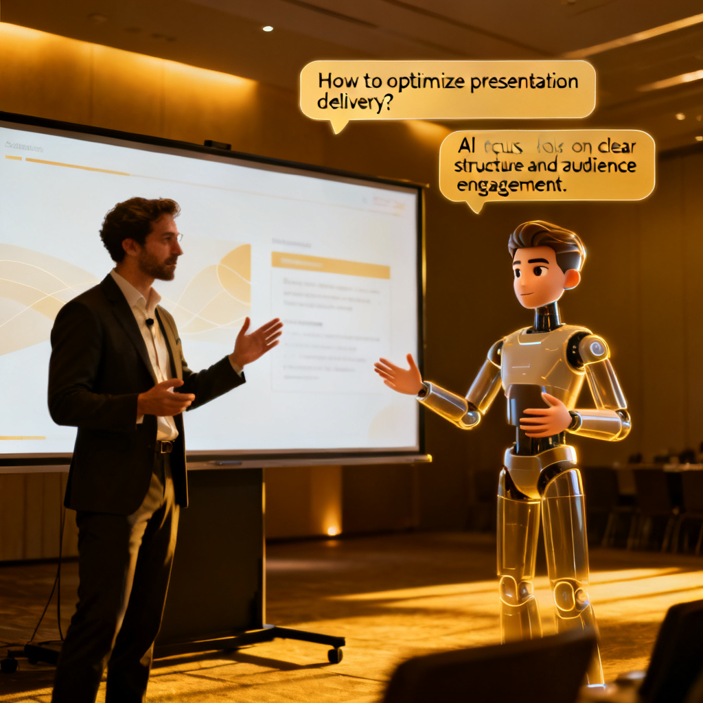 A professional presenter using a smart digital avatar to deliver a presentation on a large screen, with floating text bubbles showing audience questions and AI-generated answers, photorealistic style, cinematic lighting