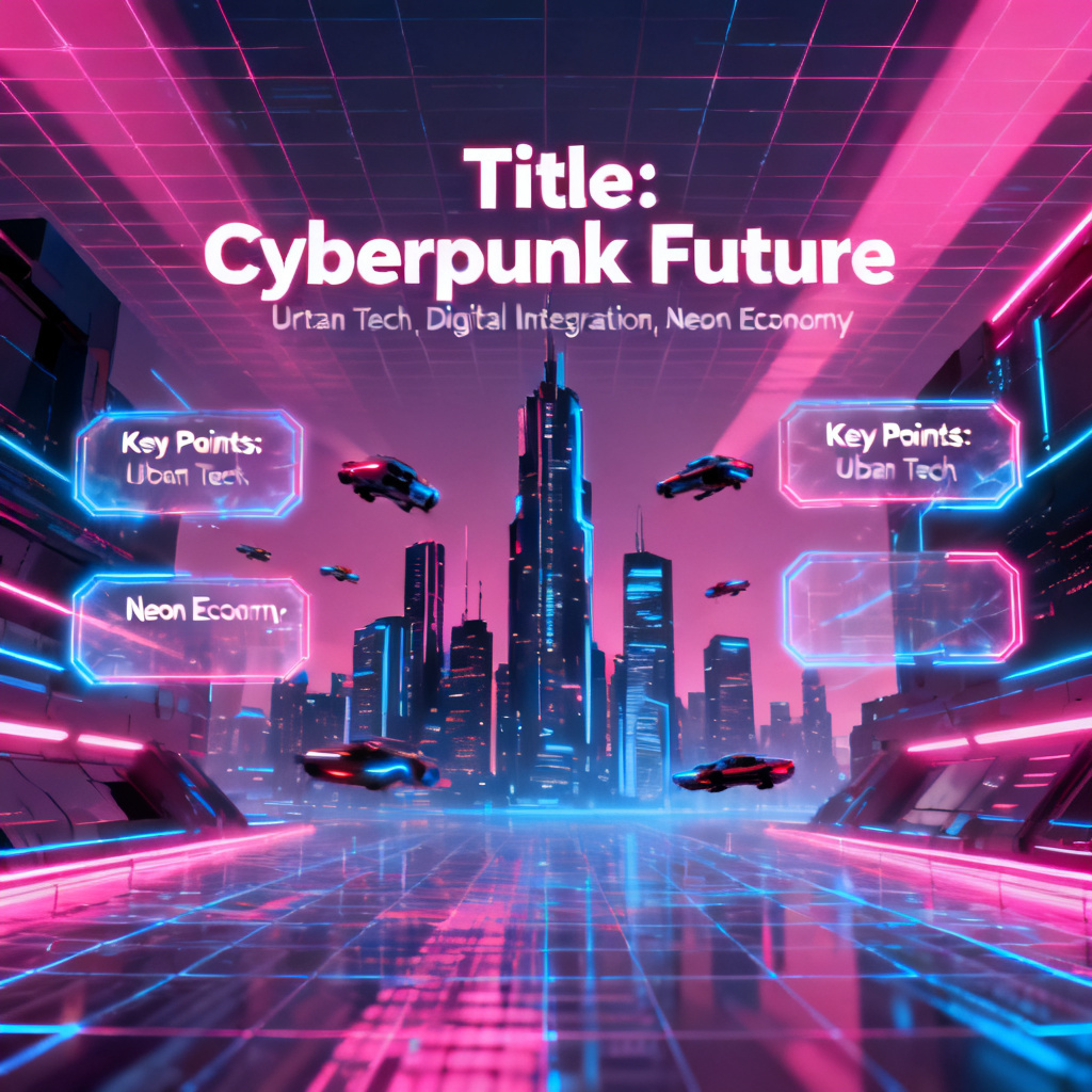A cyberpunk-style presentation slide with neon pink and blue lighting, holographic grids, and a central futuristic cityscape, with text boxes rendered as digital overlays.