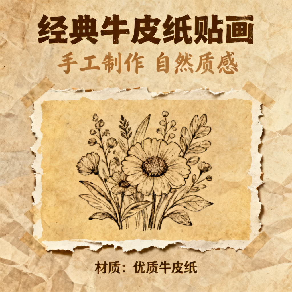 牛皮纸贴画风格的产品介绍页，手绘质感，暖色调，复古字体，纸张纹理背景