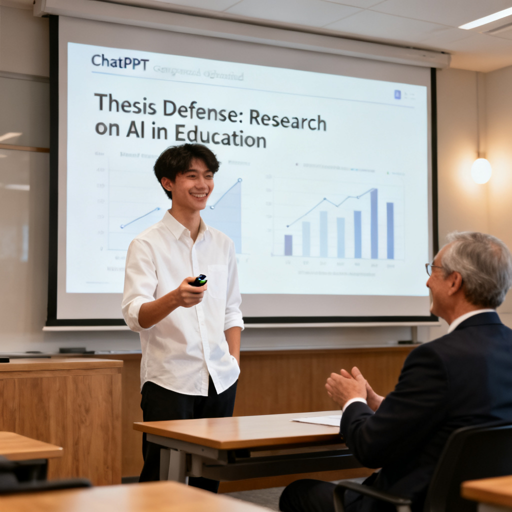 A student standing confidently in front of a projection screen displaying a ChatPPT-generated thesis defense slide, with a professor in the audience nodding in approval. The student holds a clicker and smiles, while the slide shows clean data charts and a clear title.