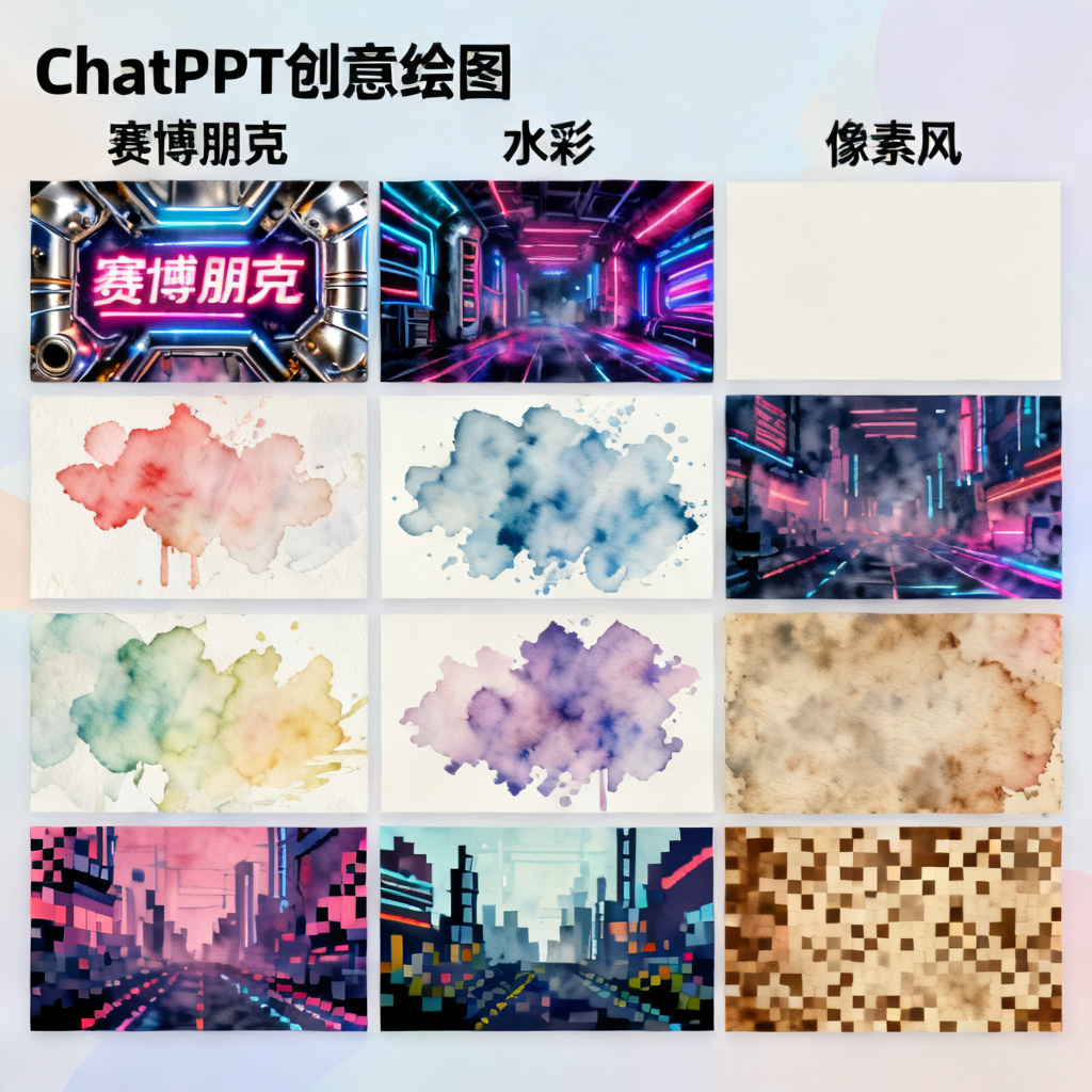 一张展示ChatPPT创意绘图模式生成的不同风格PPT页面,包括赛博朋克、水彩、像素风等,每页风格鲜明,视觉冲击力强