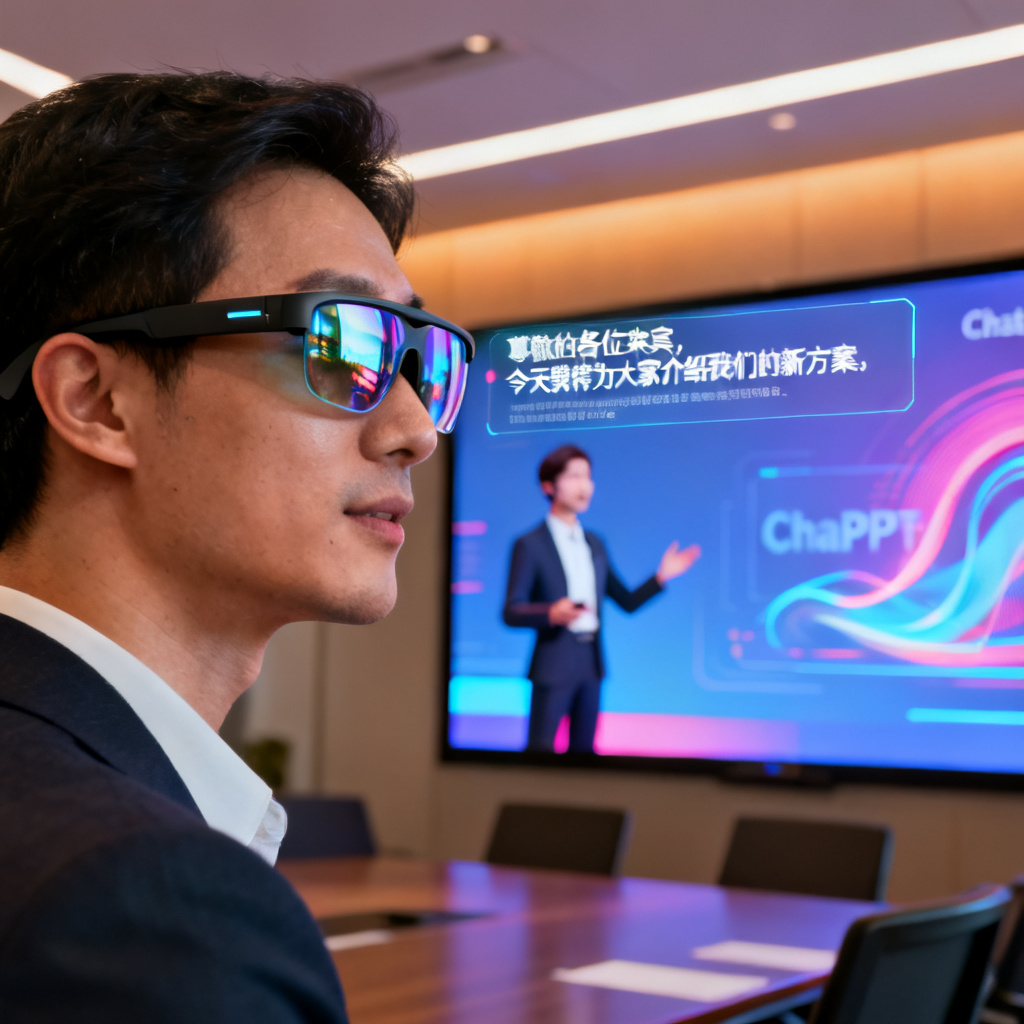 一位商务人士佩戴智能眼镜，眼镜镜片上显示演讲稿的逐行提示，背景是会议室大屏幕正在播放ChatPPT生成的AI路演动画，数字人形象在屏幕上同步演讲。