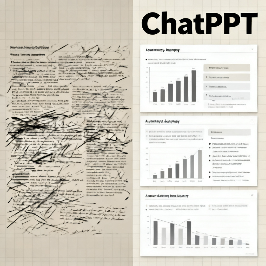 A split-screen comparison: left side shows a messy, text-heavy slide; right side shows a clean, academic-style slide with charts and bullet points, labeled 'ChatPPT'.