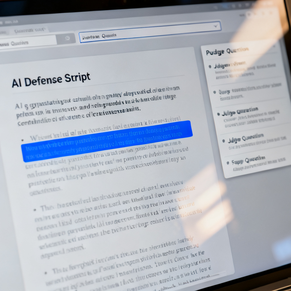 Close-up of a computer screen showing an AI-generated defense script with highlighted key points and a sidebar listing potential judge questions with suggested answers. Realistic UI design.