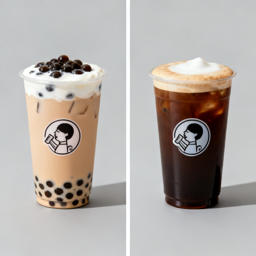 一个展示奶茶替换为咖啡的Magic涂画示例，页面左侧是原图（奶茶），右侧是修改后（咖啡），两者风格、光影、位置完全一致。