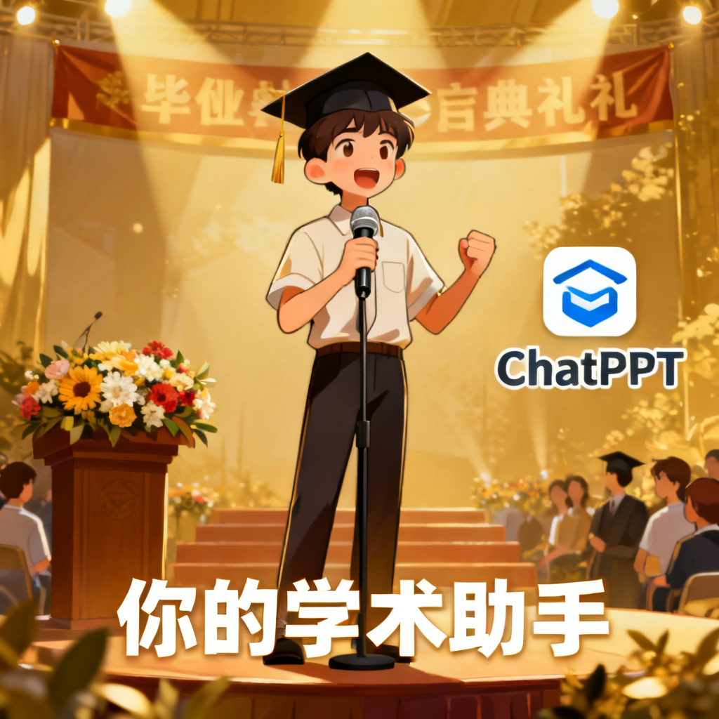 一张激励性图片，展示学生自信进行答辩，旁边显示ChatPPT的logo和“你的学术助手”字样，背景为毕业典礼场景