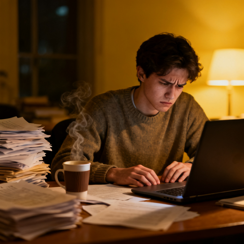 A stressed graduate student sitting at a cluttered desk late at night, surrounded by stacks of paper and a laptop, with a coffee cup and a frustrated expression, realistic style