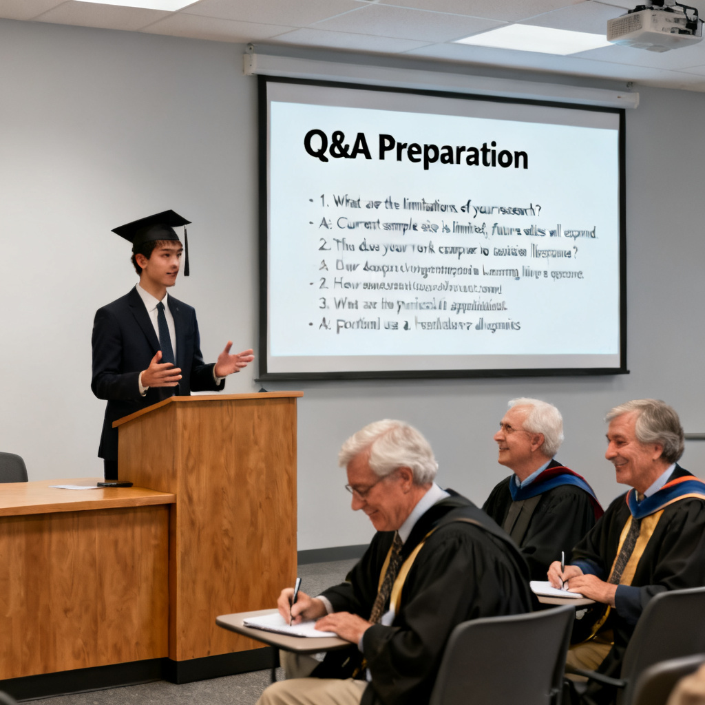 A confident graduate student presenting in a defense room, with a slide showing 'Q&A Preparation' and a list of potential questions and answers generated by ChatPPT. The audience of professors looks engaged.