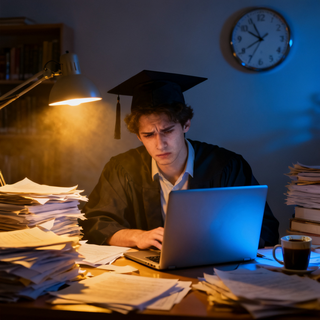 A stressed graduate student sitting at a messy desk, surrounded by stacks of papers and a laptop, with a clock showing late night, photorealistic style