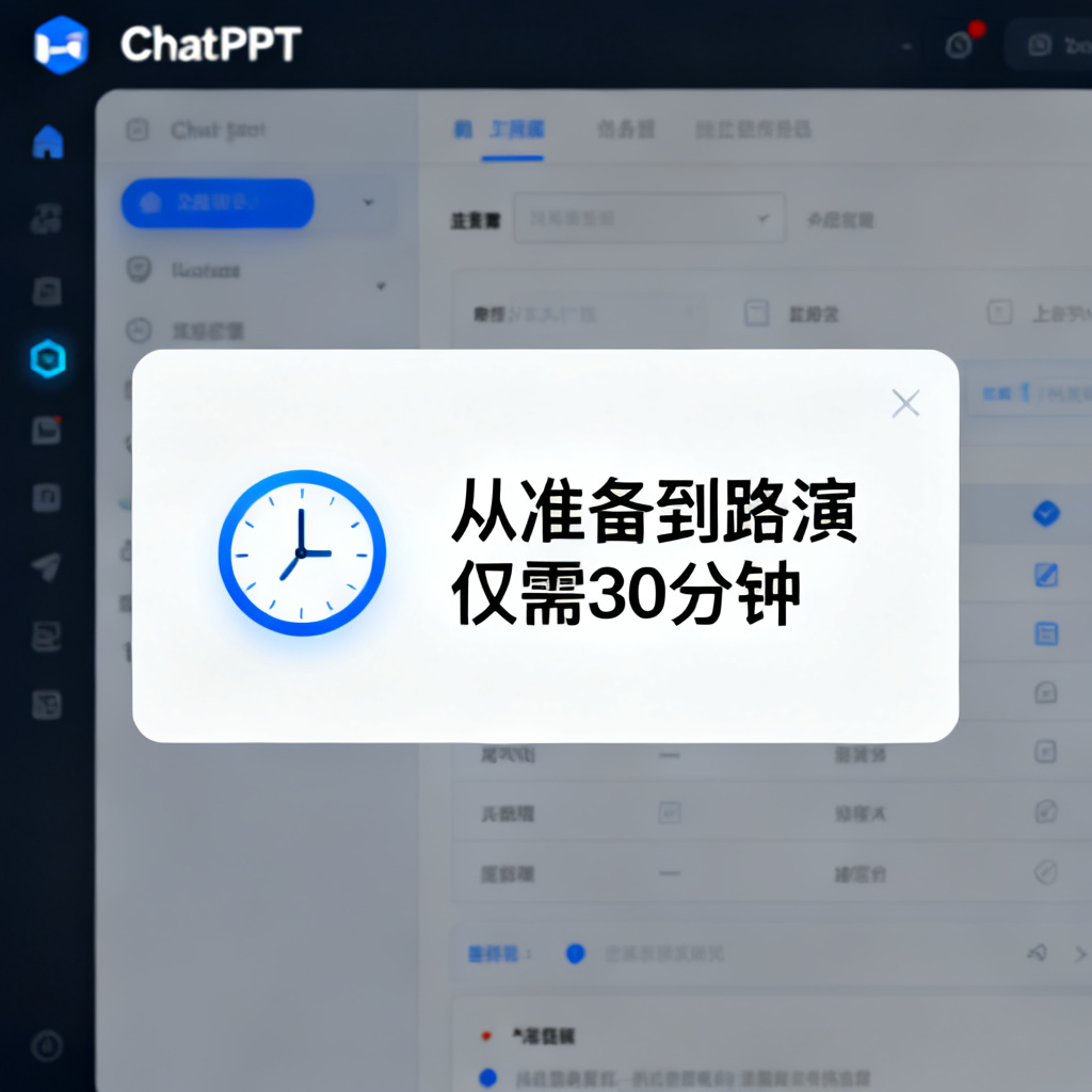 一个时钟图标旁边显示‘从准备到路演仅需30分钟’，背景是ChatPPT操作界面