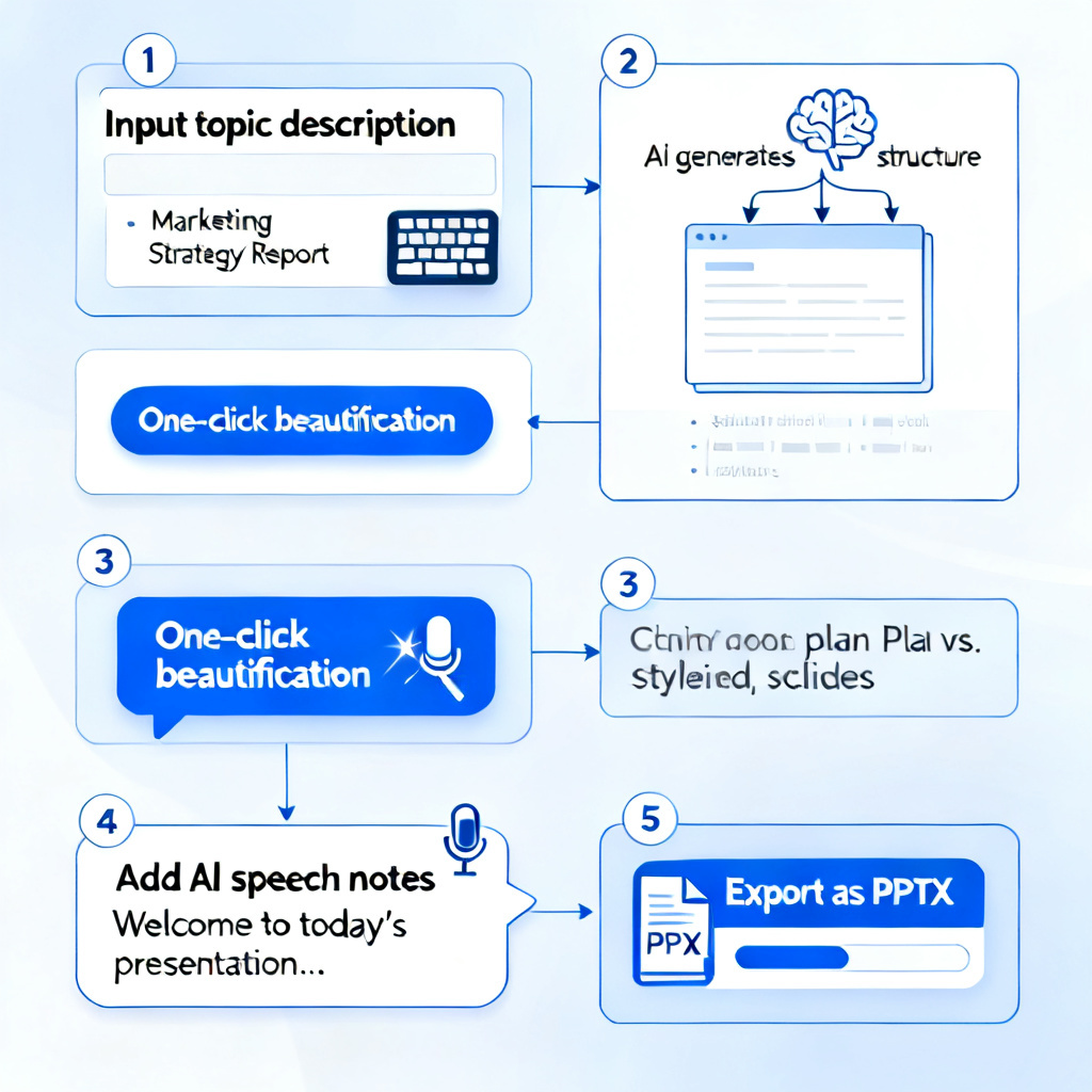 A step-by-step visual guide showing how to use ChatPPT: 1. Input topic description, 2. AI generates structure, 3. One-click beautification, 4. Add AI speech notes, 5. Export as PPTX, in a clean infographic style.