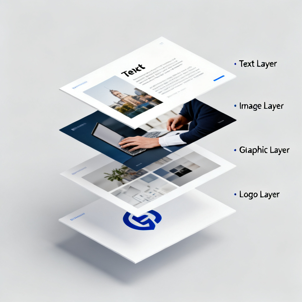 An exploded view of a PPT slide showing separate layers for text, images, graphics, and logo, with labels indicating each layer, clean and professional design.