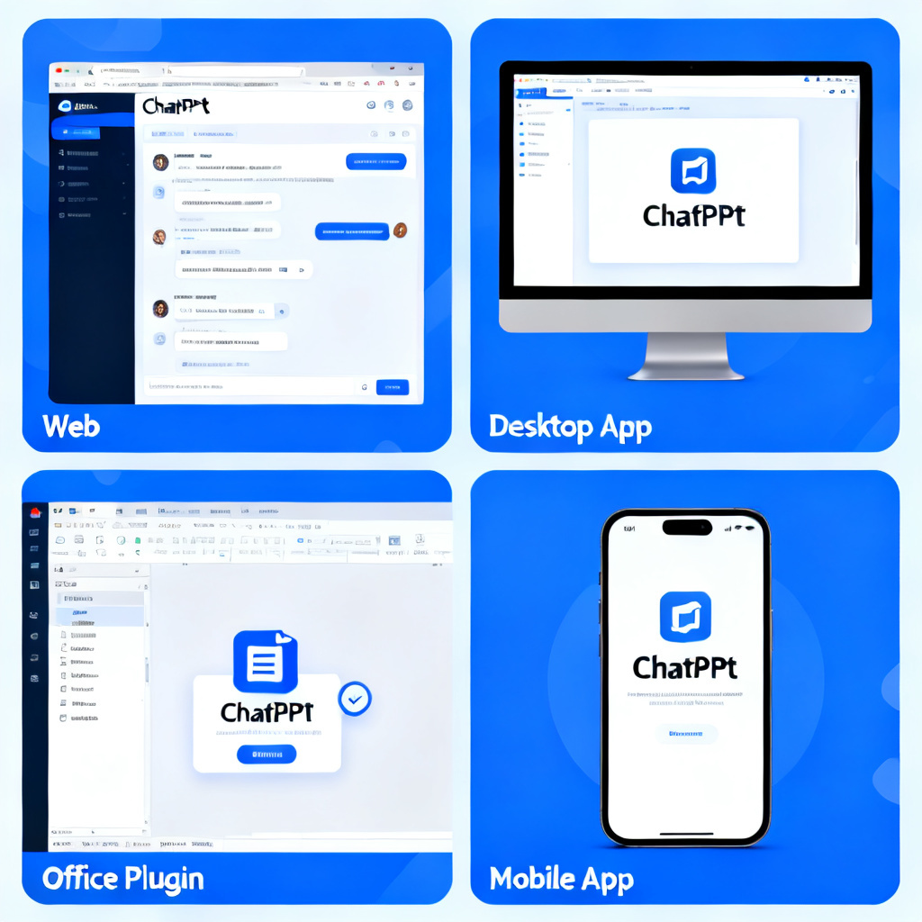 A collage showing ChatPPT available on different devices: web, desktop app, Office plugin, and mobile app