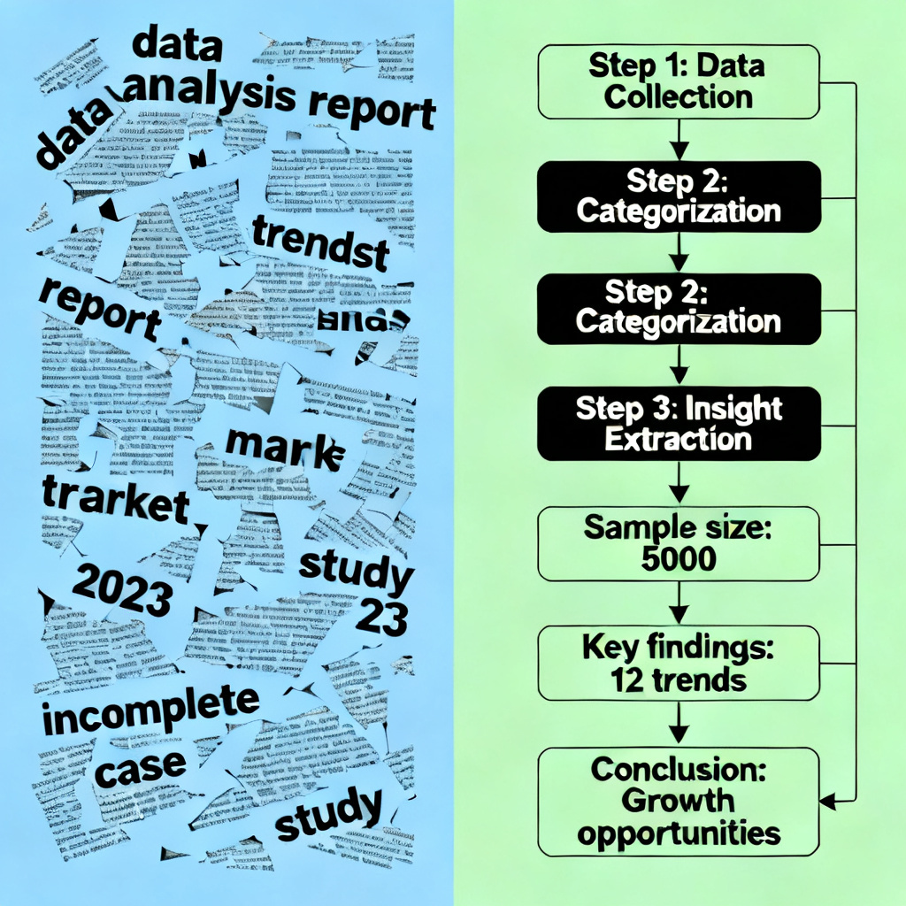 A comparison illustration showing two columns: left side shows a chaotic, scattered text layout with missing sections, right side shows a well-organized, logical flowchart with clear headings and data points, representing long text processing vs. logical reconstruction, infographic style