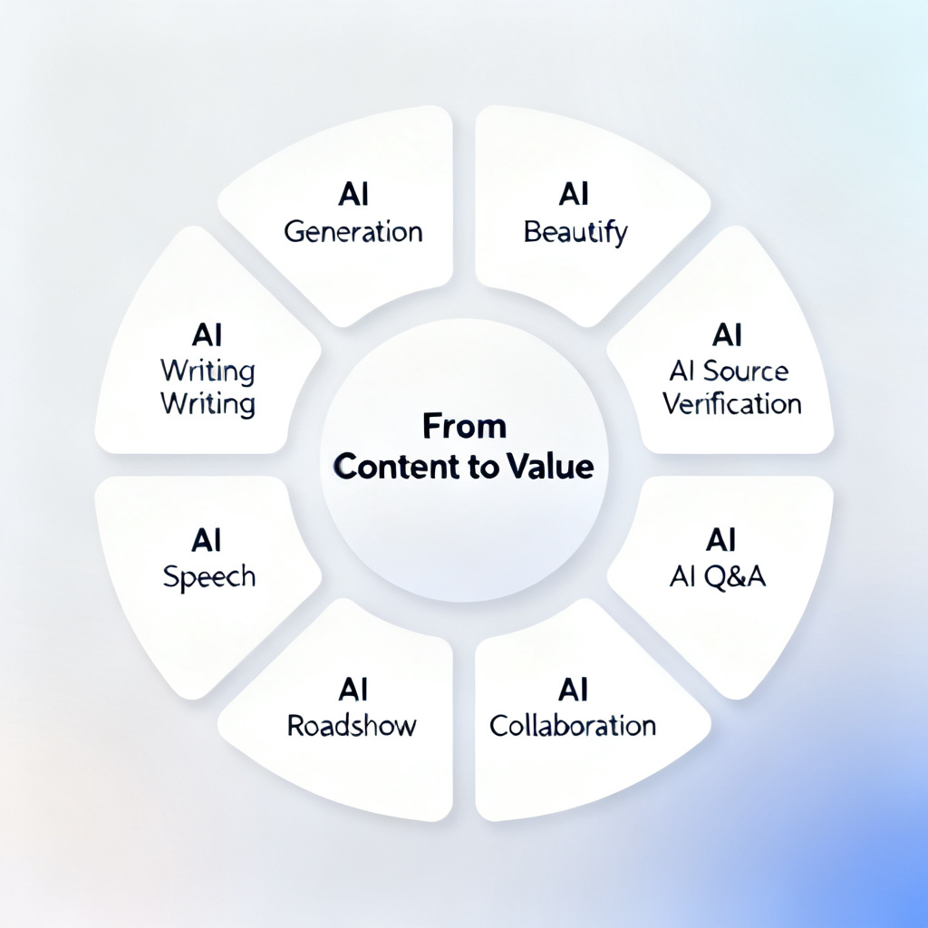 An overview architecture diagram of the ChatPPT ecosystem. Eight modules arranged in a circle: AI Generation, AI Beautify, AI Writing, AI Source Verification, AI Speech, AI Roadshow, AI Q&A, AI Collaboration. At center: "From Content to Value". The diagram conveys completeness and technical depth.
