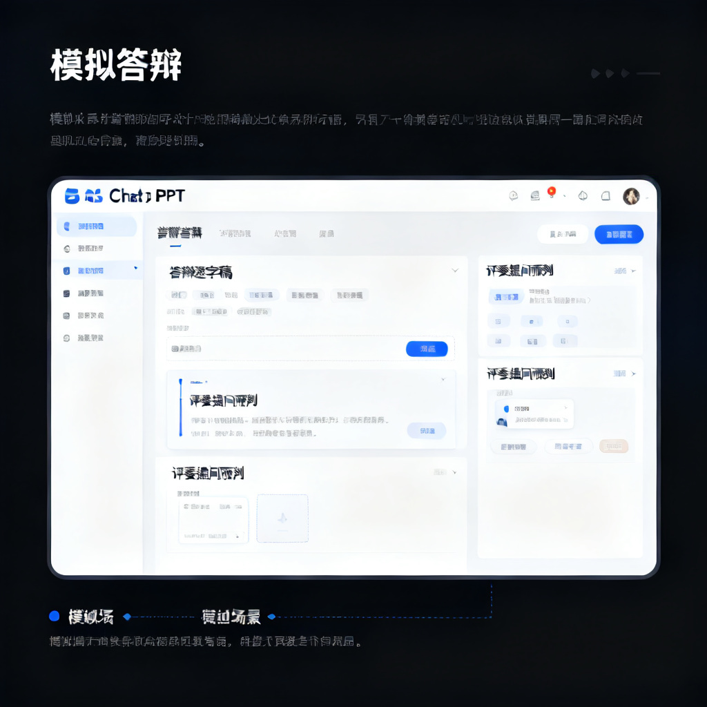 一张模拟答辩场景的示意图,ChatPPT界面显示“答辩逐字稿”和“评委提问预判”功能