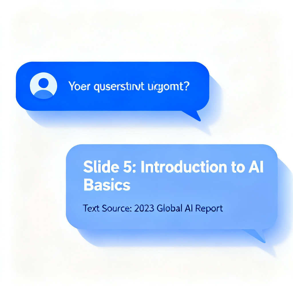 A user asking a question via chat interface, the AI response highlights the exact slide number and text source, clean UI design, tech-blue color scheme