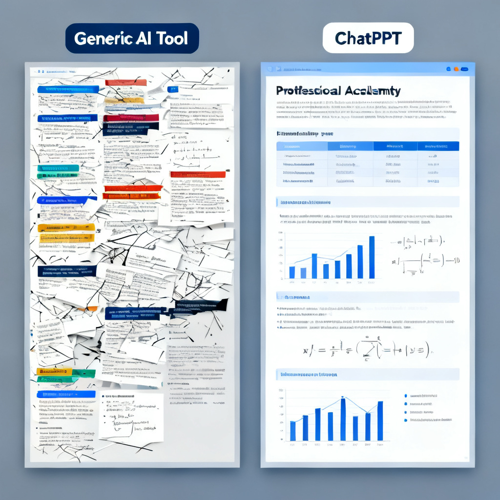 A side-by-side comparison of two PPT slides: one with a messy, cluttered layout featuring mismatched colors and overlapping text (labeled 'Generic AI Tool'), and another with a clean, structured layout with a clear hierarchy of headings, data charts, and formulas (labeled 'ChatPPT'), both set in a professional academic style with a blue-gray color scheme.