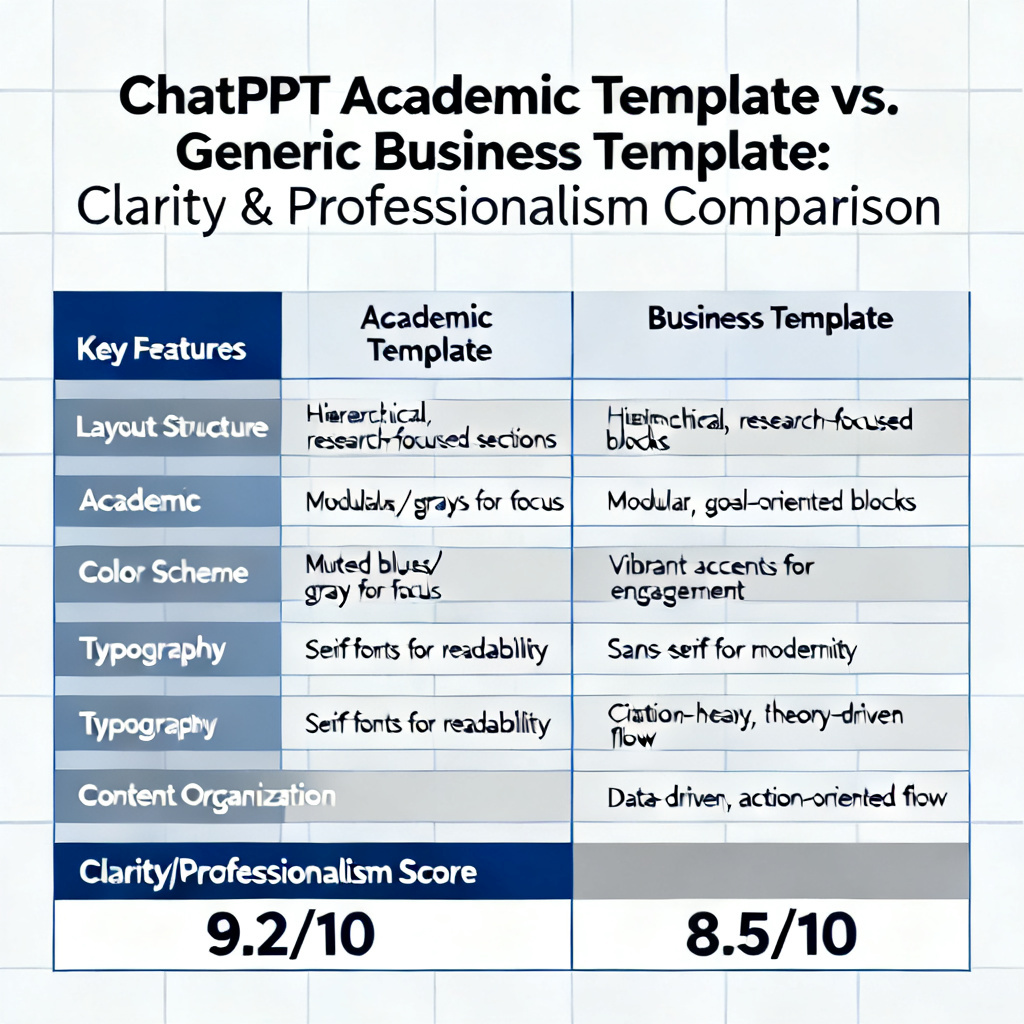A comparison chart between ChatPPT's academic template and a generic business template, highlighting the clarity and professionalism