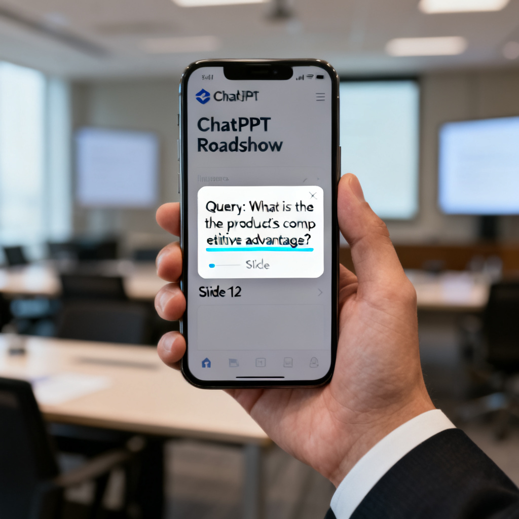 An investor holding a smartphone displaying the ChatPPT roadshow interface, with a pop-up AI question box showing a query about product competitiveness. Below the answer, a highlighted citation points to a specific slide number. The background shows a blurred conference room.