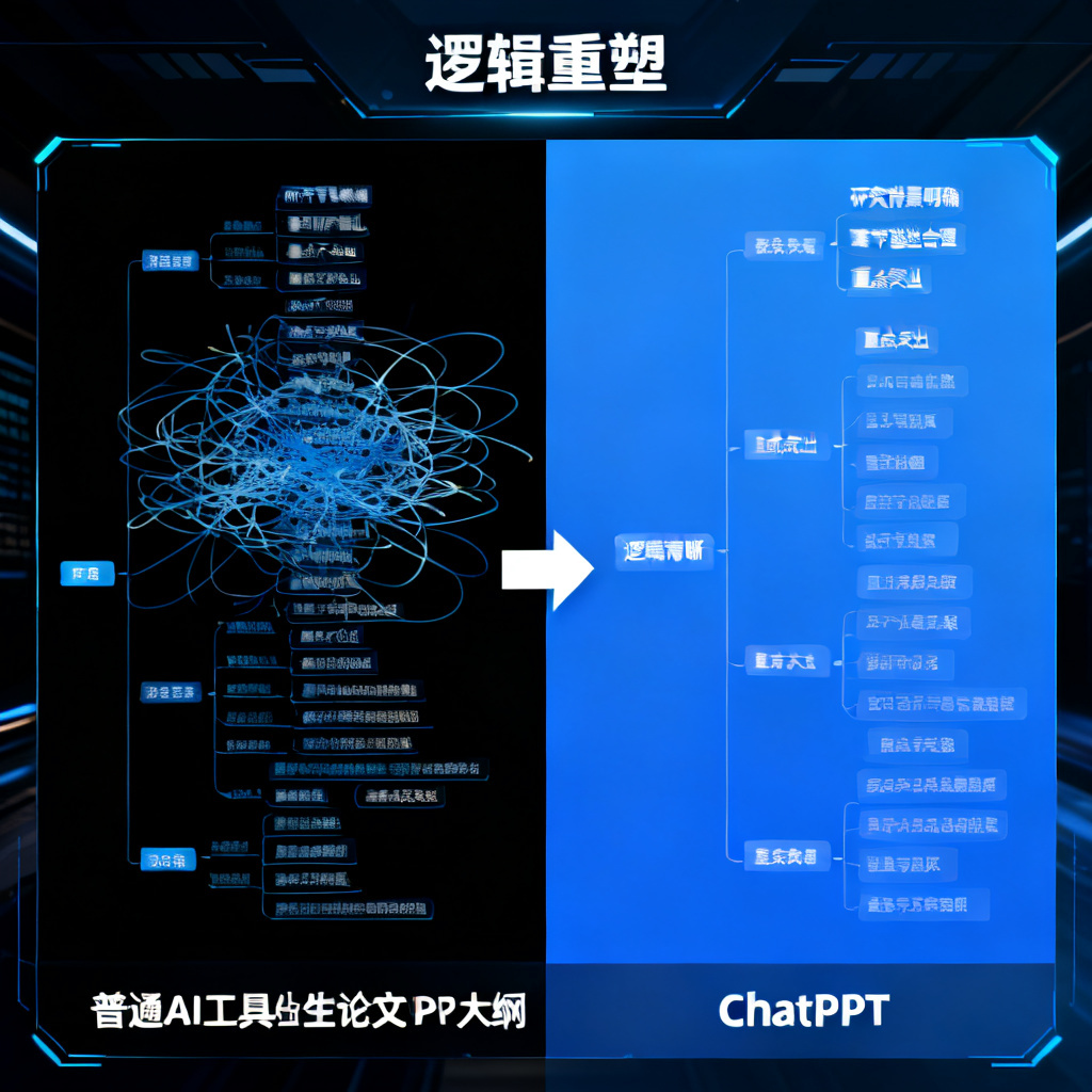 一张对比图,左侧是普通AI工具生成的混乱论文PPT大纲,右侧是ChatPPT生成的逻辑清晰的大纲,标注“逻辑重塑”