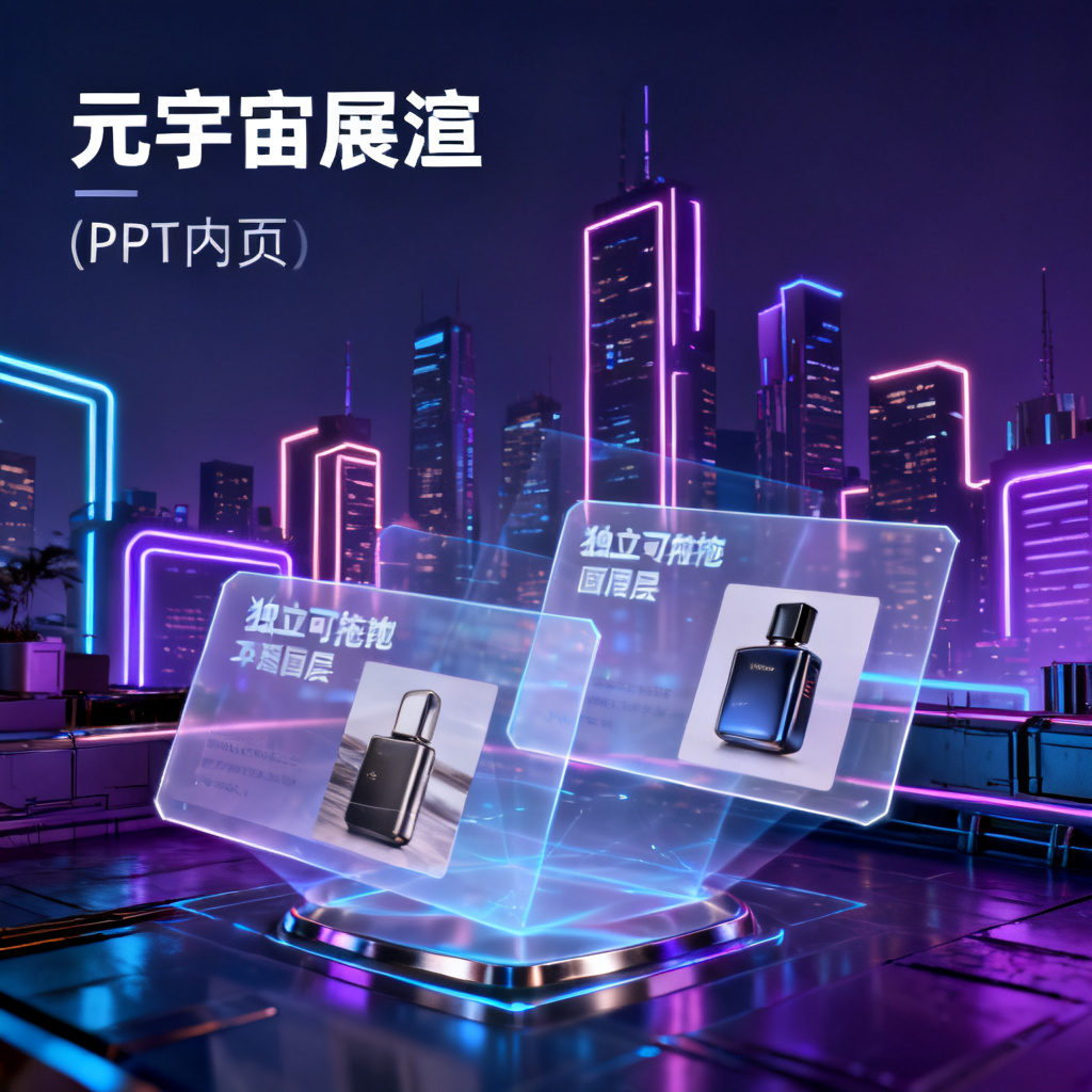 赛博朋克风格的元宇宙路演PPT内页，霓虹灯管勾勒的城市天际线，前景漂浮着半透明的文字框与独立可拖拽的产品图片图层，金属质感与全息投影交叠，暗蓝紫主色调，锐利光影对比