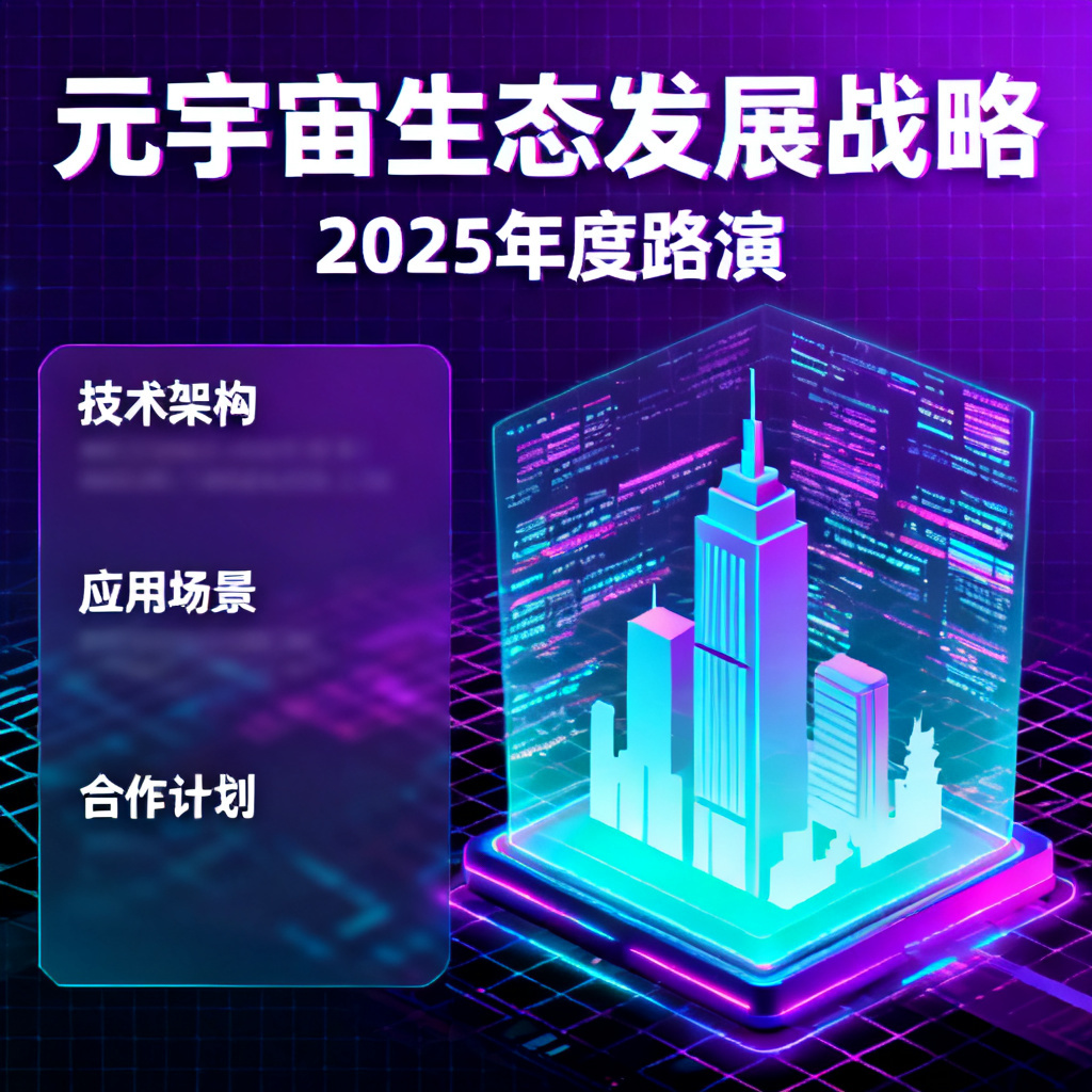 赛博朋克风格元宇宙路演PPT，霓虹紫与青蓝主色调，数字网格背景，全息投影元素，3D建筑剪影，无衬线字体排版