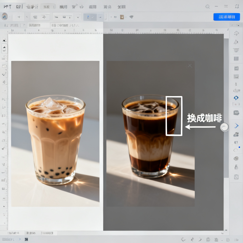 一张演示PPT页面，左侧为原始页面含一杯奶茶，右侧为框选奶茶区域后的修改界面，用户输入“换成咖啡”指令，AI正在生成替换后的效果，保留原有光影与风格。
