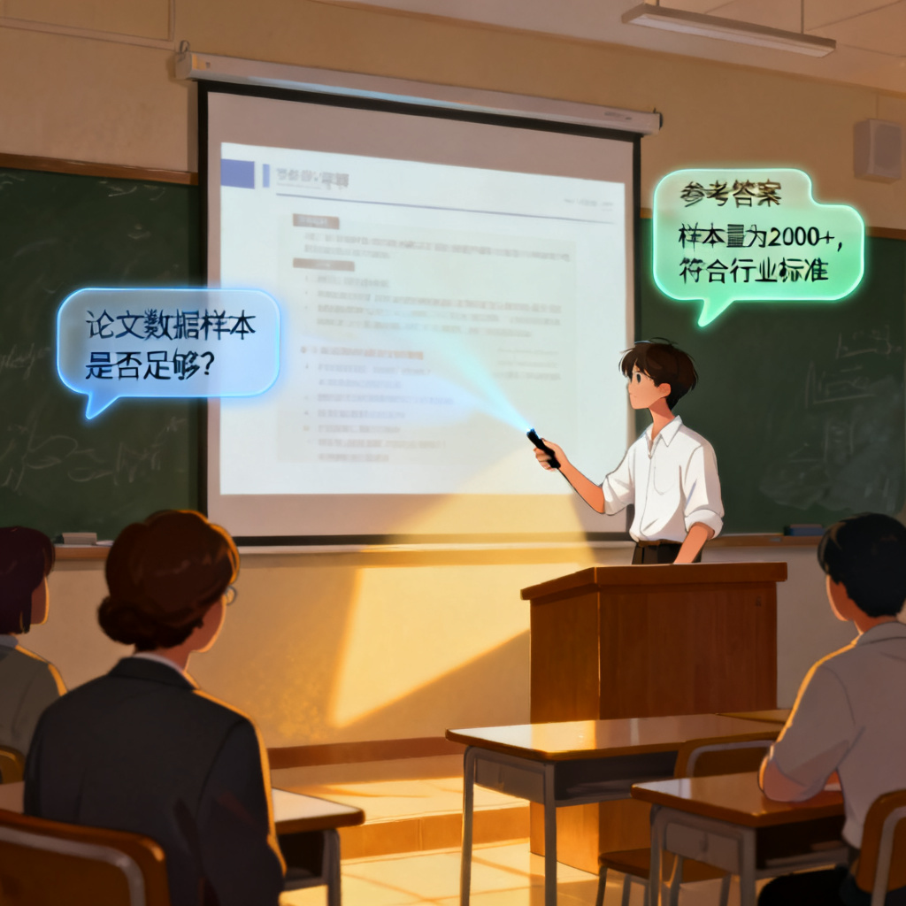 一个学生站在答辩讲台上，面前是投影上的PPT，旁边有虚拟的评委提问气泡和参考答案提示