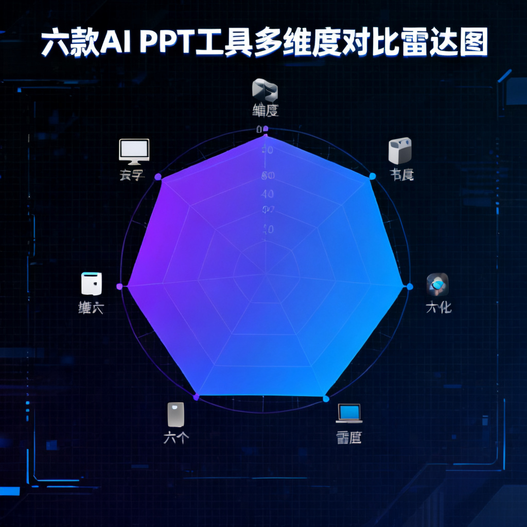一个现代风格的信息图表，展示六款AI PPT工具在六个维度上的雷达图对比，其中一款工具的雷达图明显覆盖面积最大，以蓝紫色渐变为主色调，背景为深色科技感网格，数据可视化风格，超高清渲染