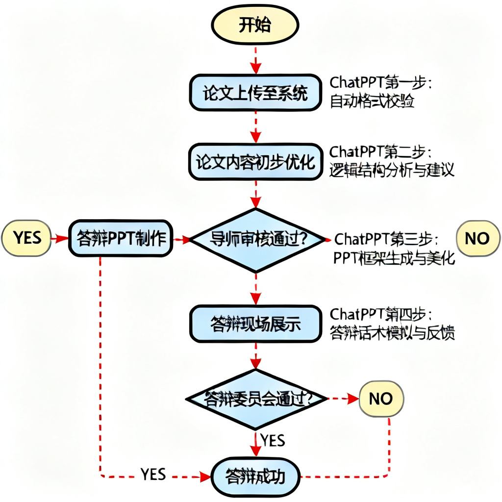 流程图:从论文上传到答辩成功的全流程,标注ChatPPT的每个步骤