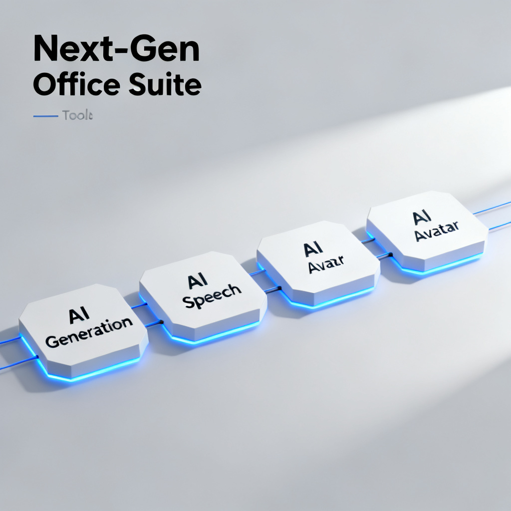 A conceptual illustration showing a toolkit labeled 'Next-Gen Office Suite' with modules like AI Generation, AI Speech, AI Avatar, connected by glowing lines, minimalist and techy style