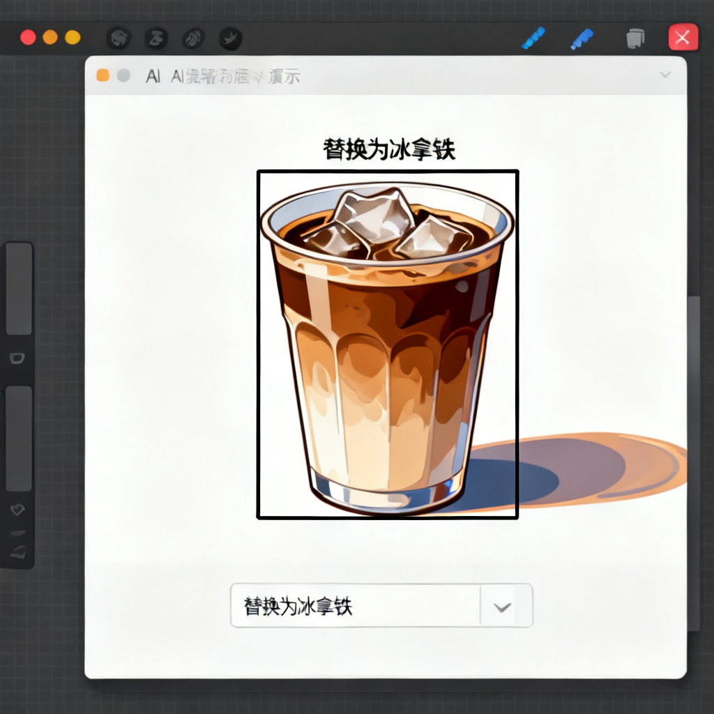 Magic涂画模式演示，用户框选PPT页面中的咖啡杯，输入“替换为冰拿铁”，AI自动生成并完美融合光影与背景