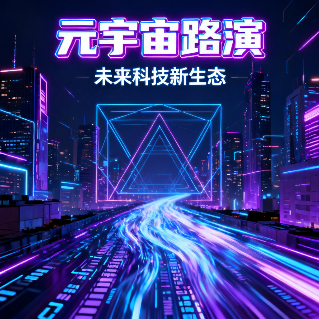 赛博朋克风格元宇宙路演PPT，霓虹灯光与科技感线条，城市夜景背景，高速数据流