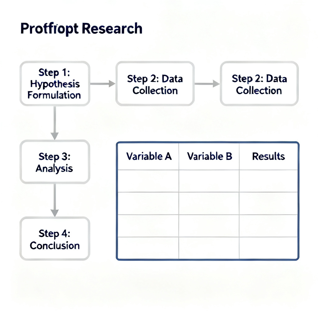 A clean, minimalist PowerPoint slide displaying a scientific research flowchart with clear, labeled steps and arrows, alongside a well-formatted data comparison table. The color scheme is professional and subdued, with a white background.