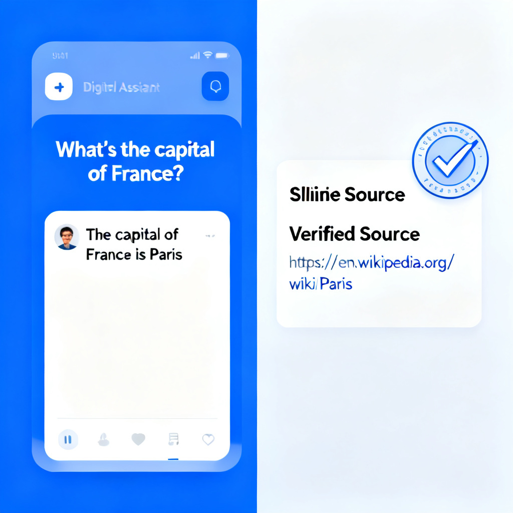A split-screen showing a digital assistant answering a user's question on the left, with a highlighted slide source on the right showing a verification badge and citation link, clean UI design, blue and white color scheme.