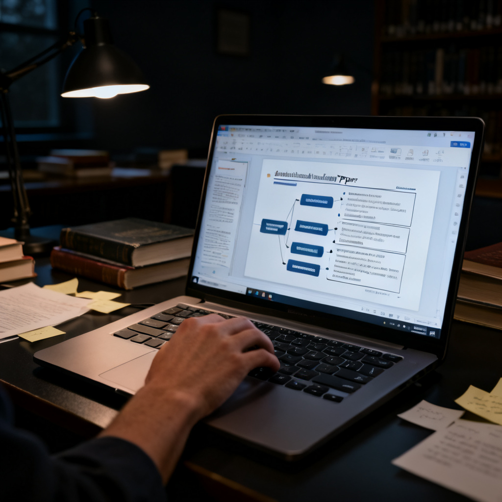 A close-up of a hand typing on a laptop, with a complex academic paper on the screen transforming into a structured slide deck with clear headings and bullet points, in a dark academic study room