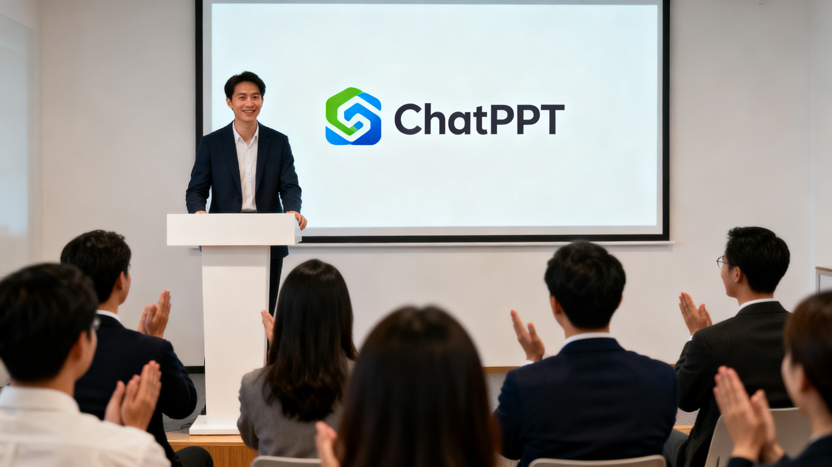 职场人从容站在讲台，投影显示 ChatPPT 标志，观众专注点头，画面自信、专业、简洁