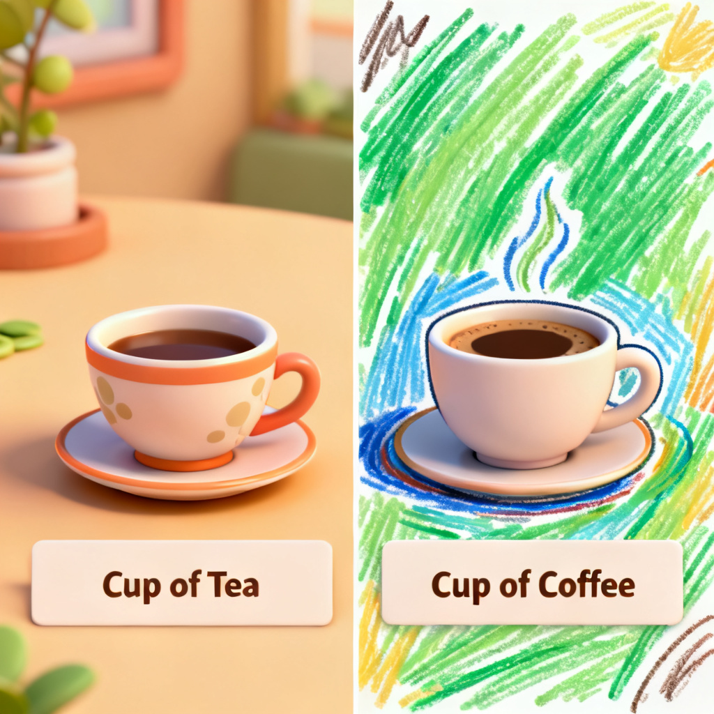A split-screen comparison of a slide before and after Magic涂画 editing, showing a cup of coffee seamlessly replacing a cup of tea in a 3D cartoon style slide.