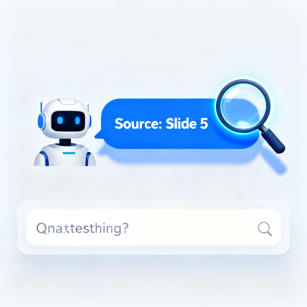 A user asking a question via chatbot interface, with response highlighting the source slide number and a magnifying glass effect