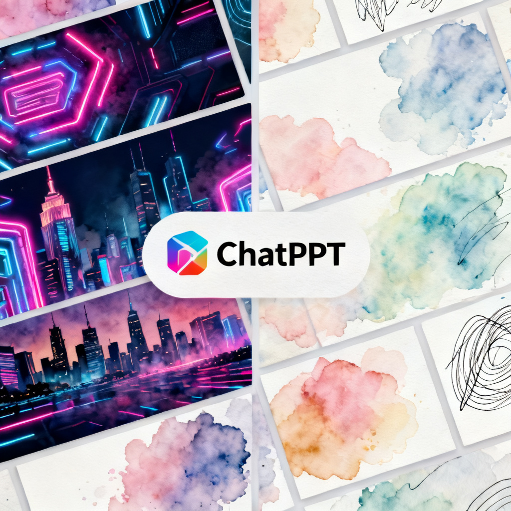 一张展示ChatPPT创意绘图模式生成的多风格PPT页面截图，左侧为赛博朋克风格（霓虹灯效果、城市天际线背景），右侧为水彩手绘风格（柔和水彩渐变、手绘线条元素），中央有“ChatPPT”Logo