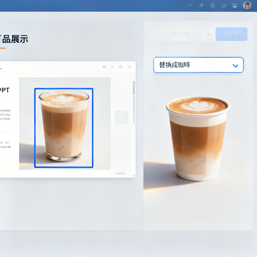 展示Magic涂画局部重绘功能，画面左边是一张产品展示PPT，页面中有一杯奶茶，右侧是一个操作界面用高亮框选中奶茶区域并输入“替换成咖啡”指令，最终呈现的咖啡杯具有与原页面相同的柔和光影效果