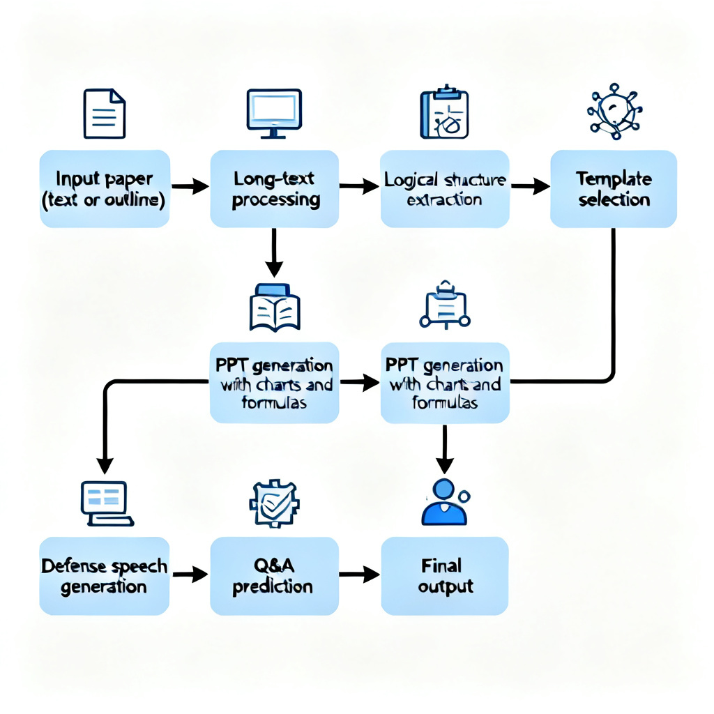 A flowchart showing the ChatPPT workflow for academic PPT creation: input paper (text or outline) -> long-text processing -> logical structure extraction -> template selection -> PPT generation with charts and formulas -> defense speech generation -> Q&A prediction -> final output. The flow is linear, with arrows connecting each step, and icons representing each stage.