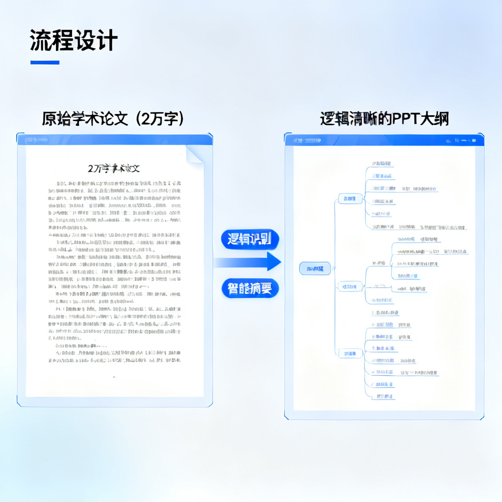 一个流程图，展示ChatPPT如何将一篇2万字的学术论文自动解析为逻辑清晰的PPT大纲，左侧是原始文档，右侧是分页的幻灯片结构，中间用箭头和“逻辑识别”“智能摘要”等标签连接