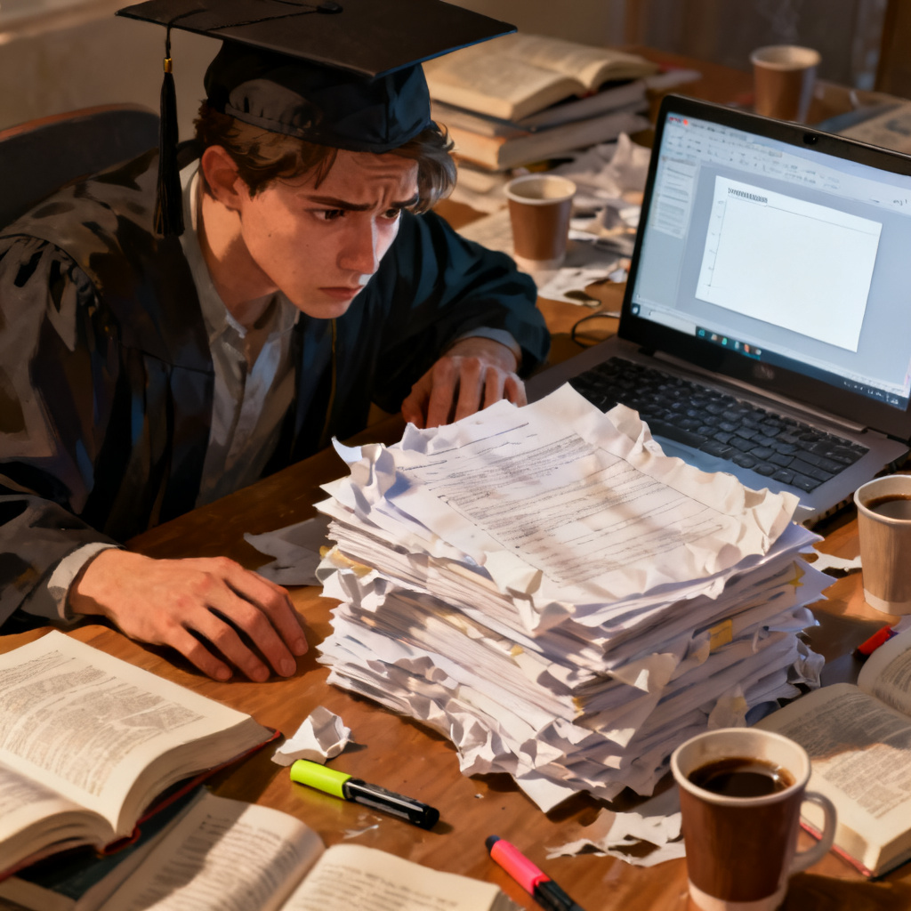 A graduate student sitting at a messy desk, staring at a thick stack of printed papers and a blank PowerPoint template on a laptop screen, showing frustration and anxiety, realistic digital art style